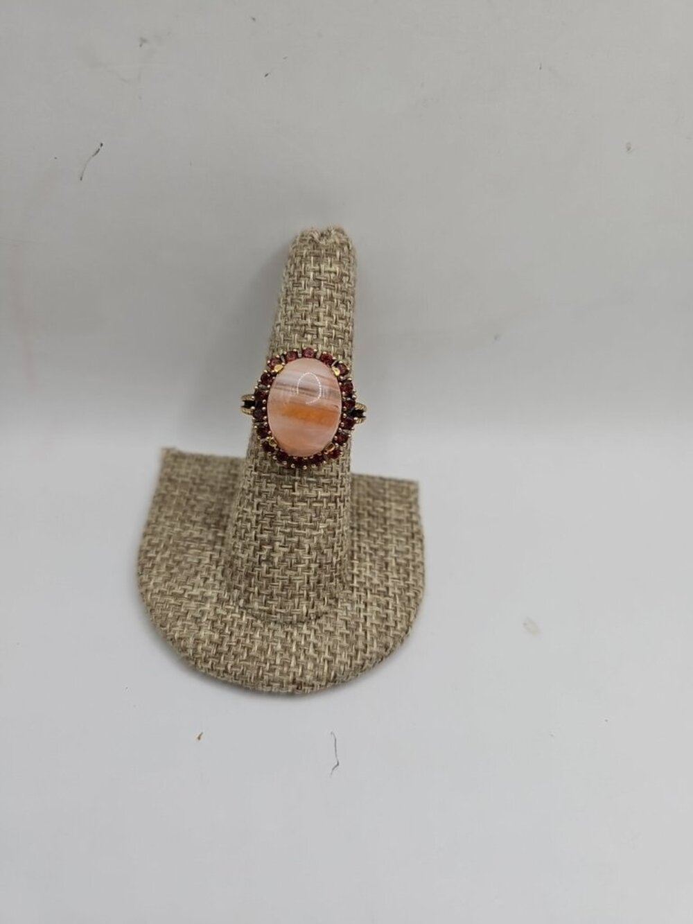 Karis Ring With Gold Tone Overlay Size 6.75 Banded Agate With Red Garnet Accents